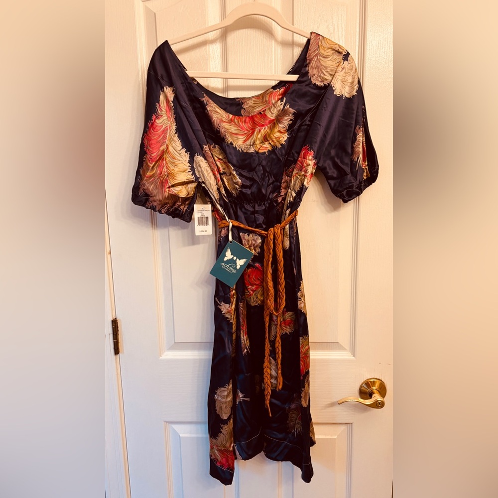 Schone Maternity Feather Blue Mini Dress w Orange Belt NEW Women’s Size L